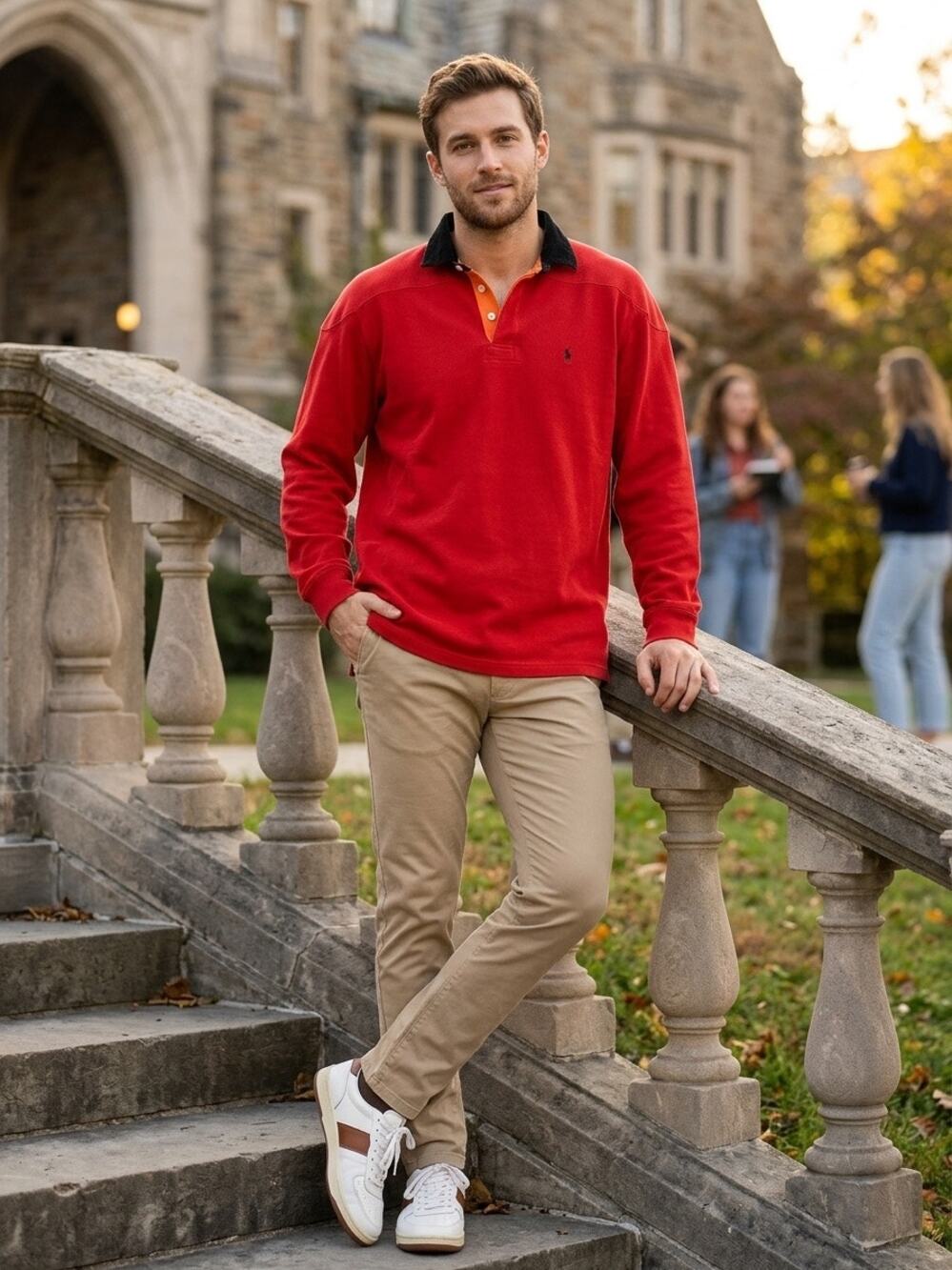 Polo Ralph Lauren Men's Red Rugby Shirt Corduroy Collar Orange Placket Men's XL